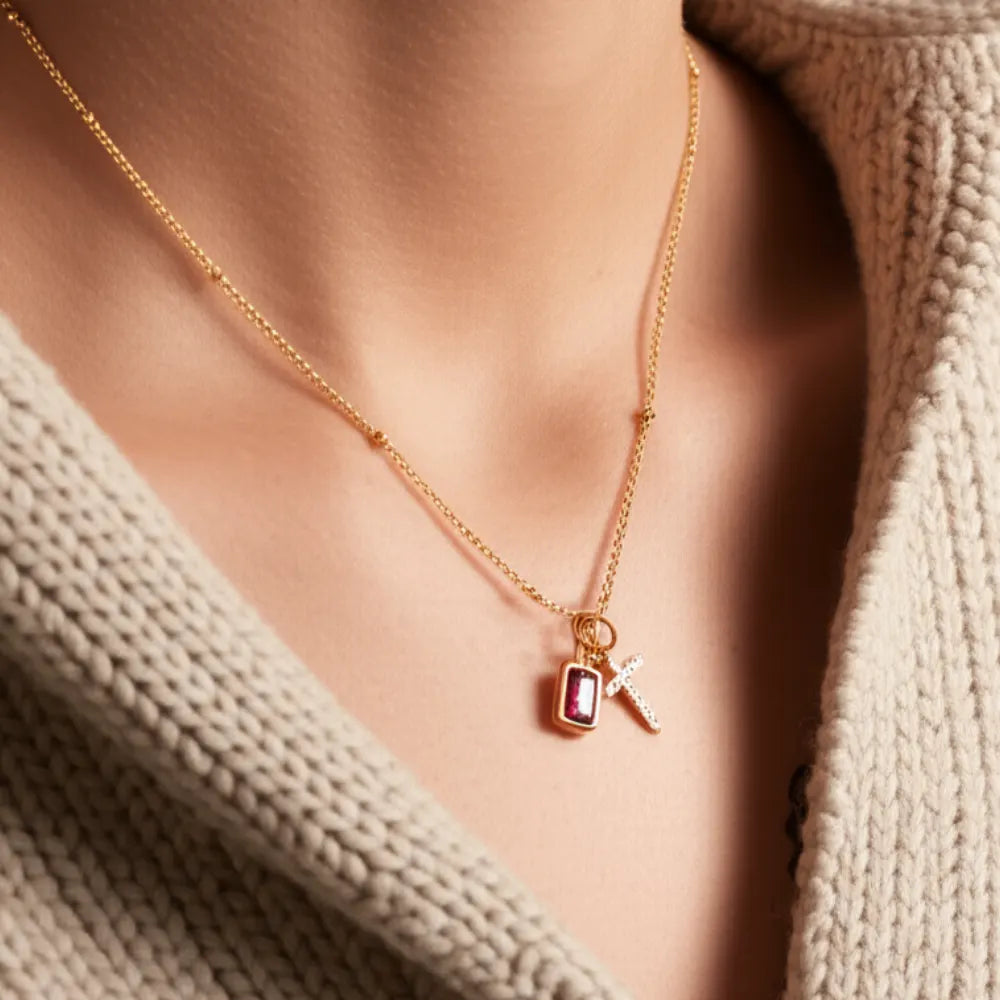 Birthstone Cross Charm Necklace