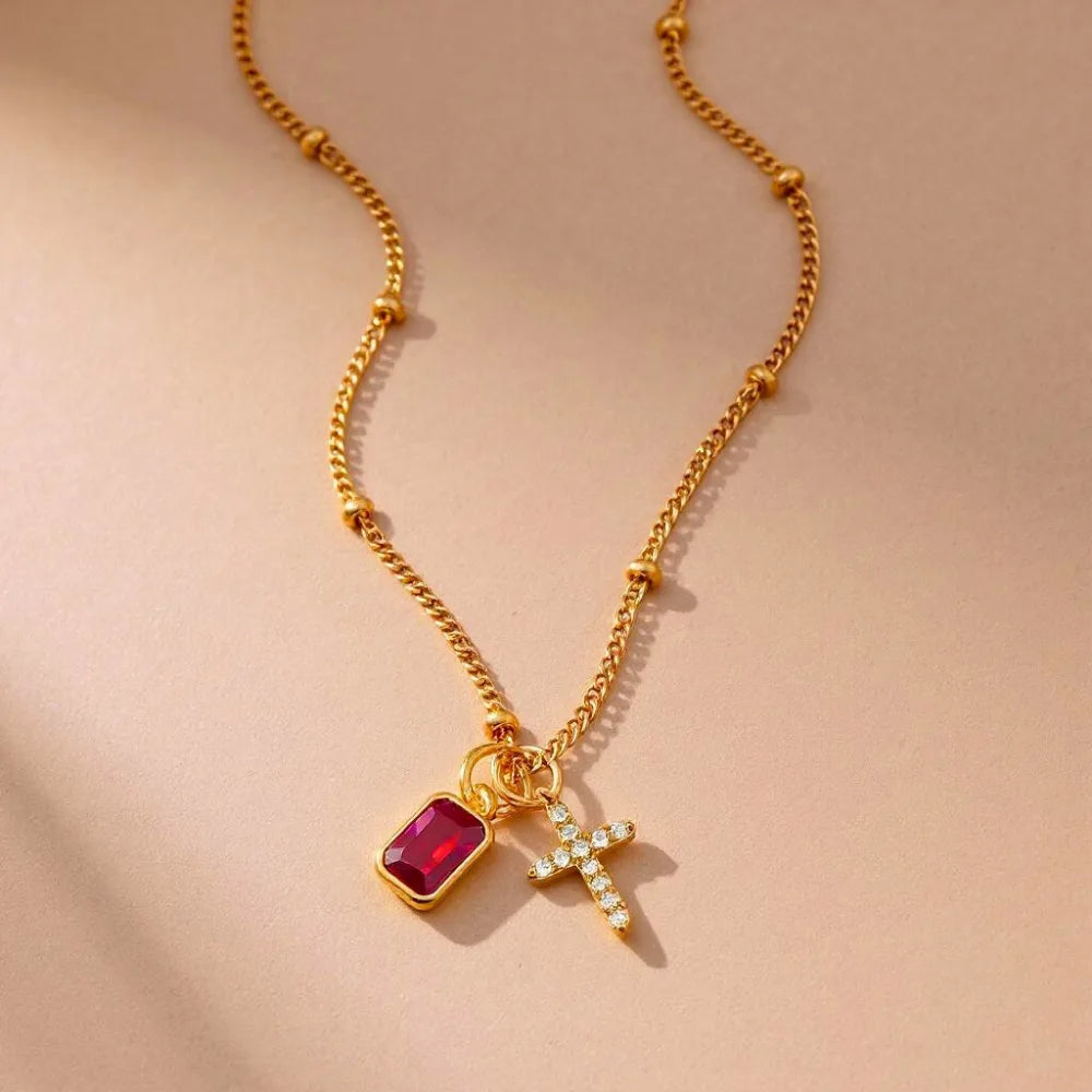 Birthstone Cross Charm Necklace
