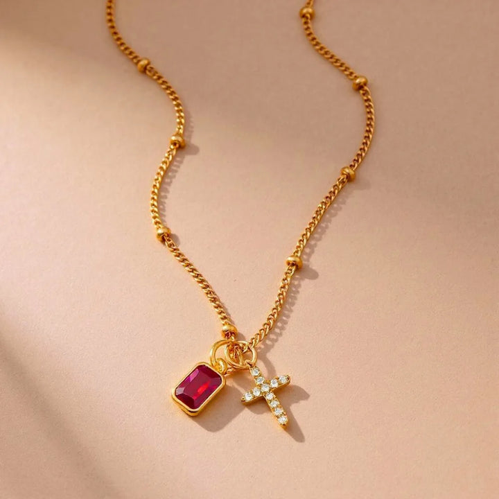Birthstone Cross Charm Necklace