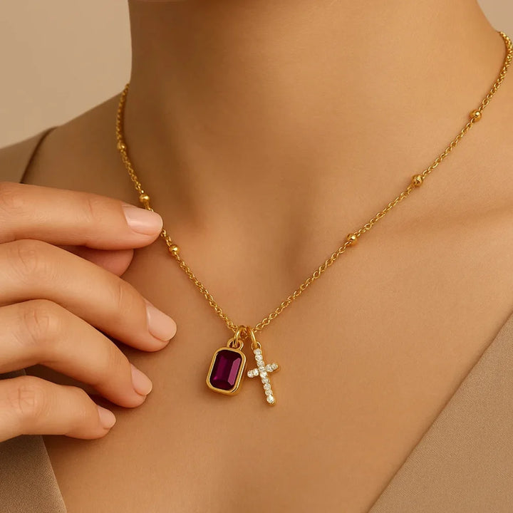 Birthstone Cross Charm Necklace
