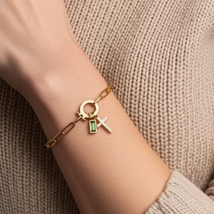 Paperclip Birthstone Cross Charm Bracelet