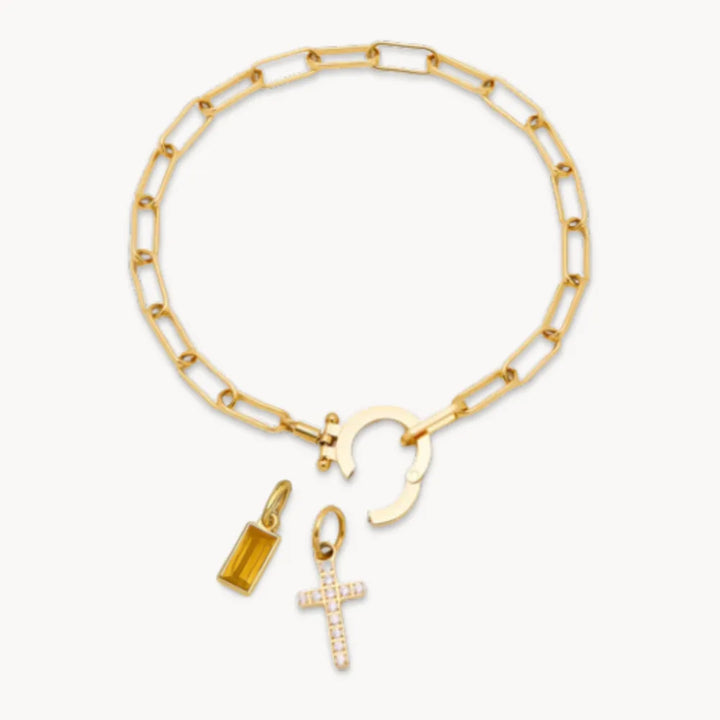 Paperclip Birthstone Cross Charm Bracelet