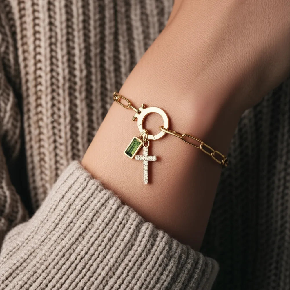 Paperclip Birthstone Cross Charm Bracelet